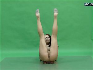 fat breasts Nicole on the green screen stretching