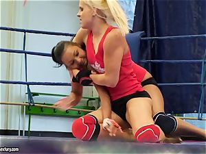 Brandy smirk grapple with a bombshell stunner inside the ring